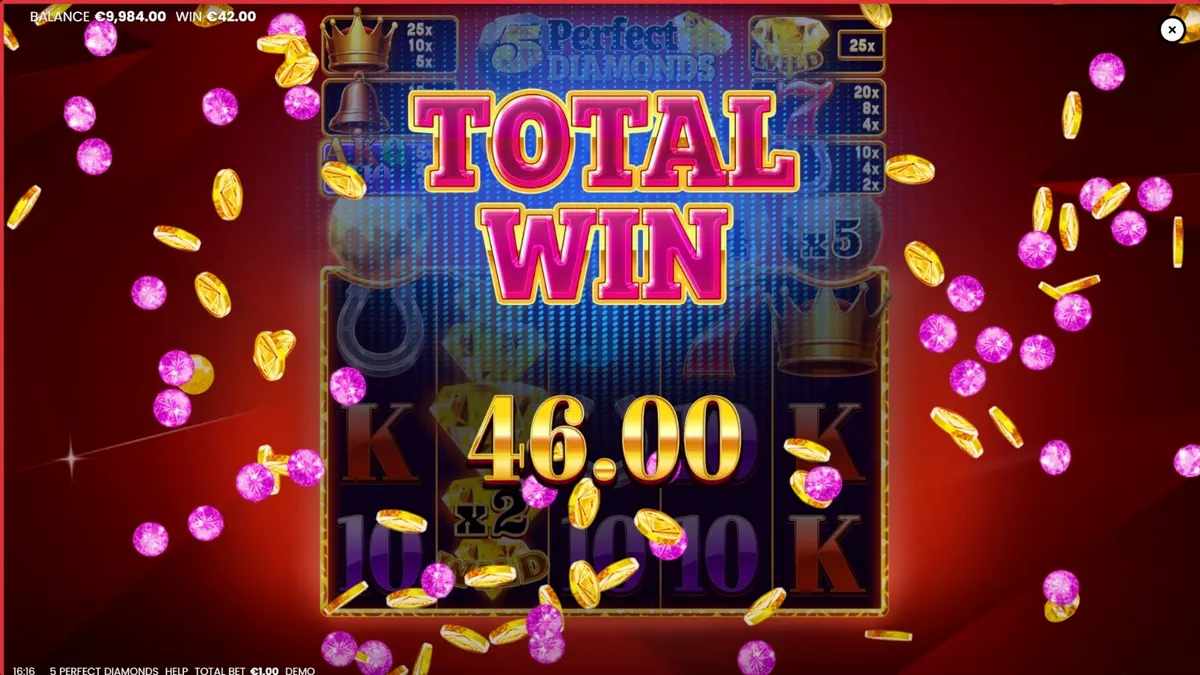 Interface do jogo de slot 5 Perfect Diamonds com símbolos clássicos e diamantes brilhantes.