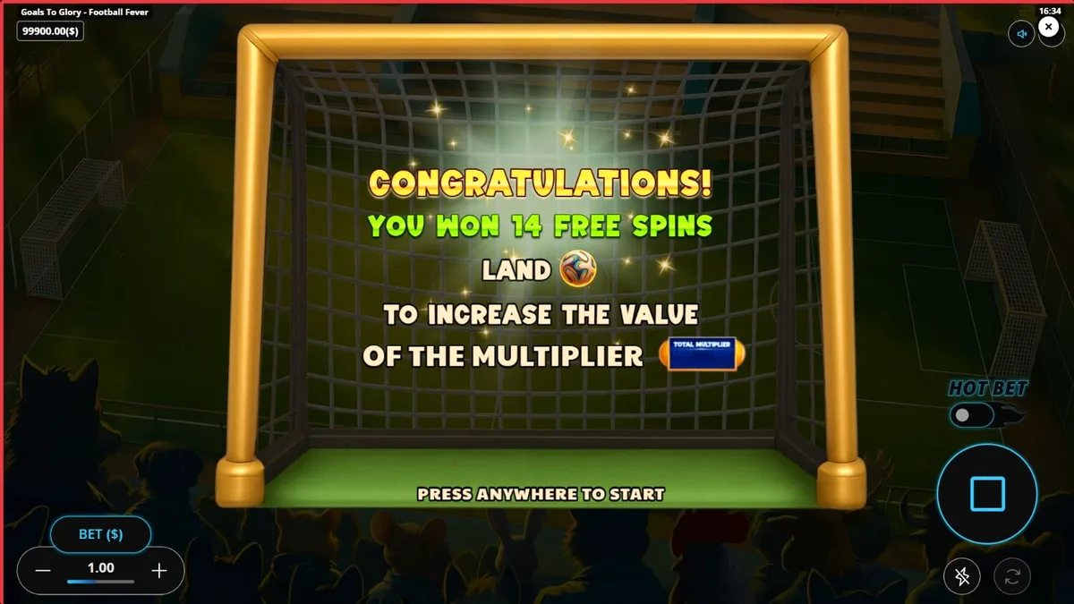 Personagens animais jogando futebol em um estádio vibrante no slot Goals to Glory Football Fever