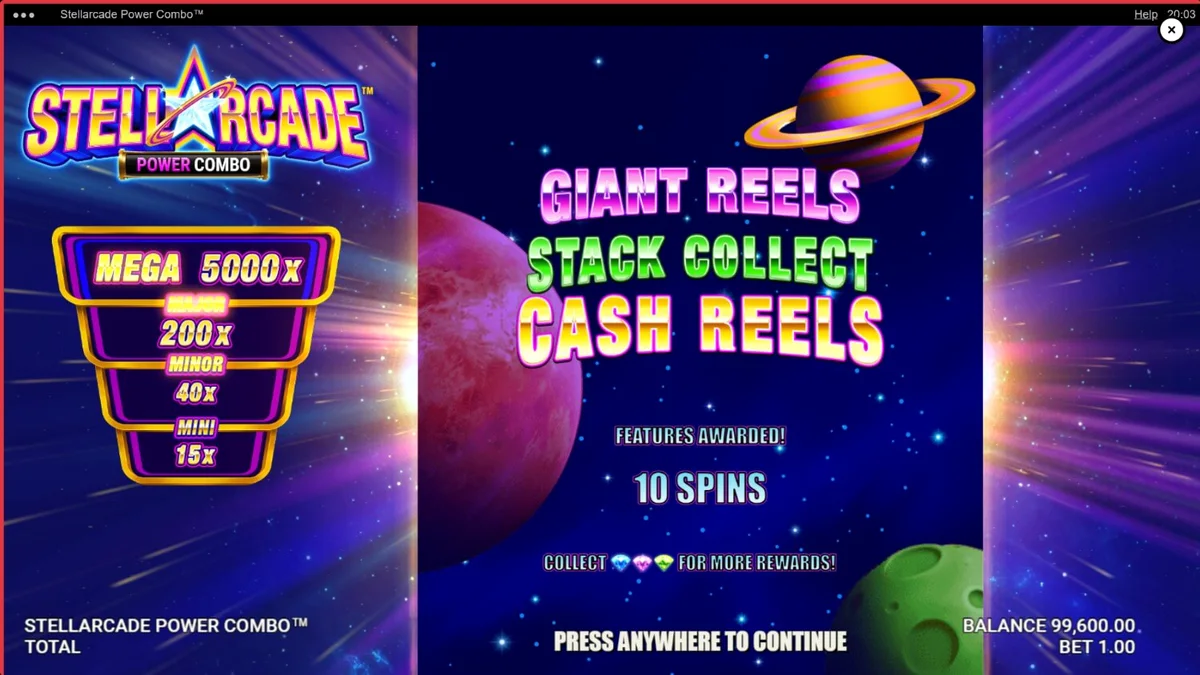 Interface do jogo Stellarcade Power Combo com elementos neon e espaciais